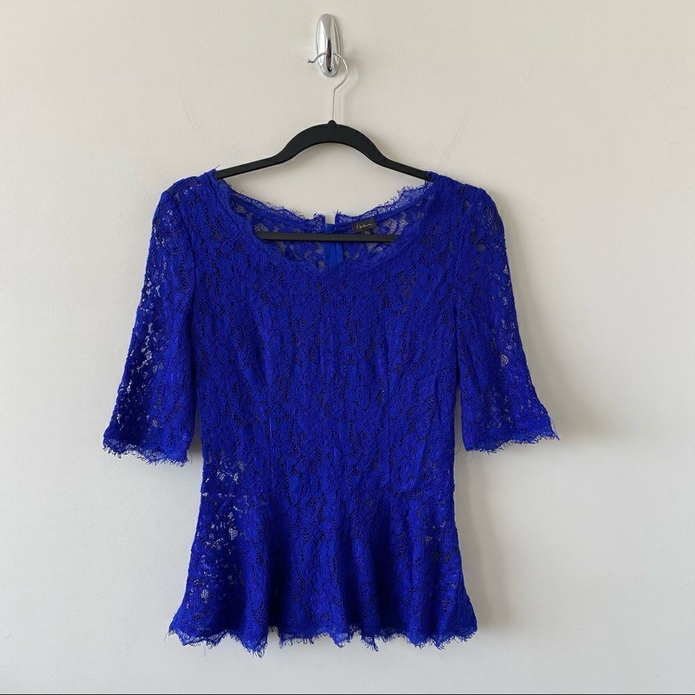 T.BABATON Barrett Lace Colt Blue Peplum Top - Picture 1 of 8
